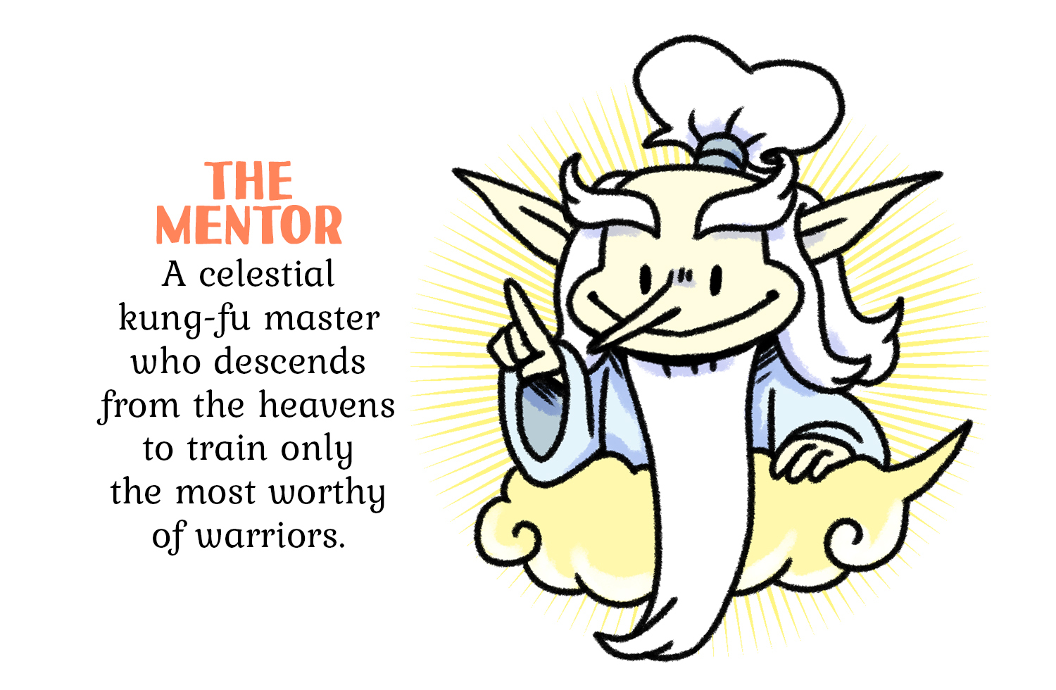 Cartoon character with long mustache and chef hat, labeled 'The Mentor.'