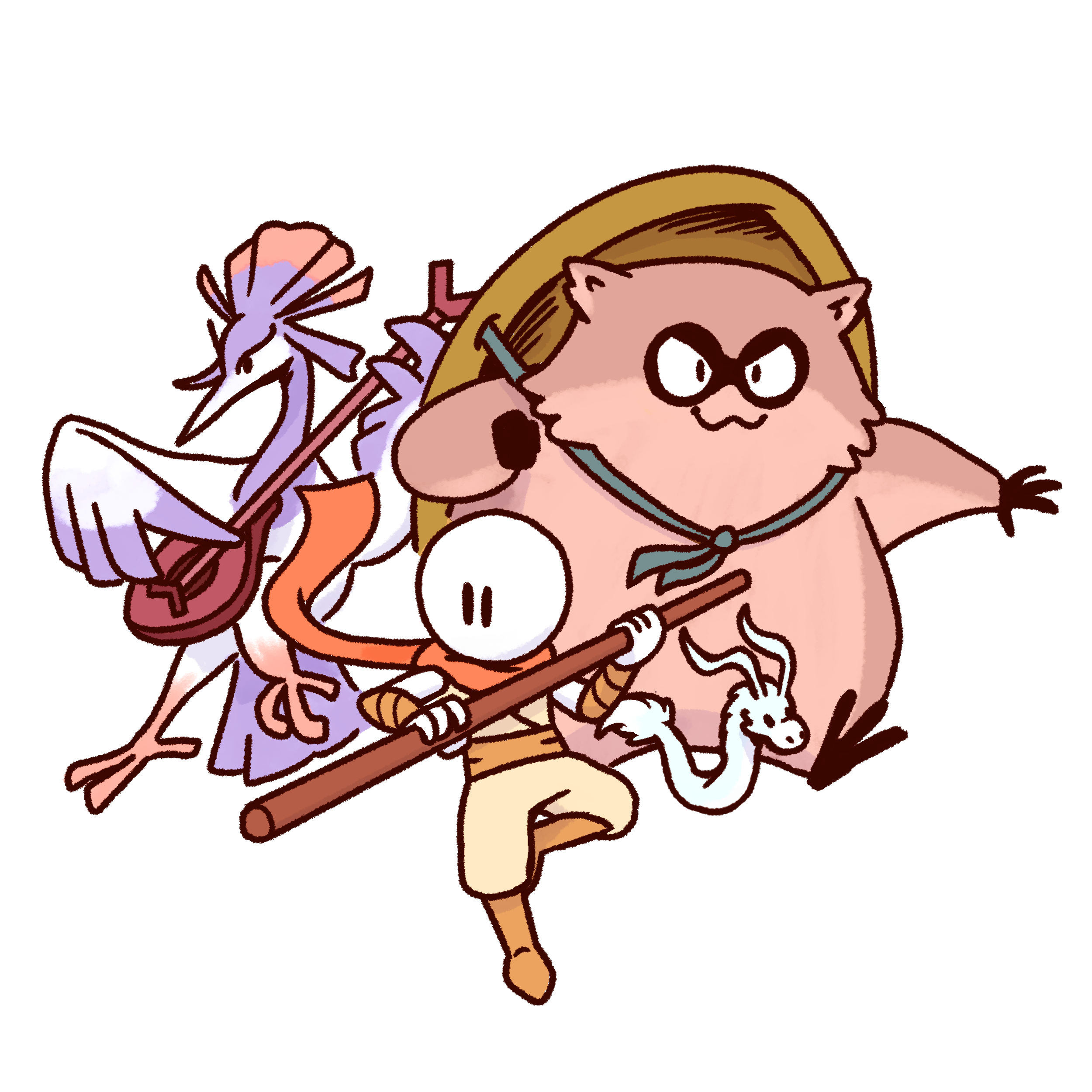 Cartoon characters including a bird, bear, person, and small creature in dynamic poses.