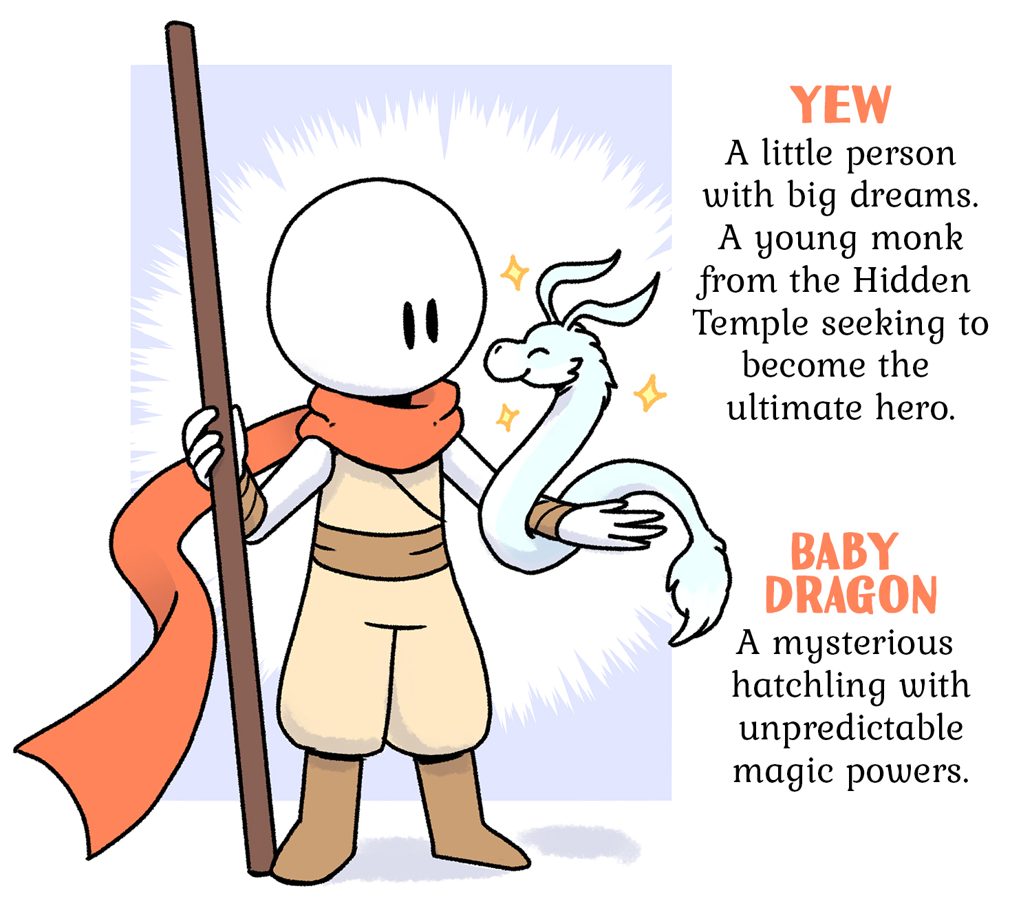 Cartoon monk with staff and small dragon, text describes characters' dreams and abilities.