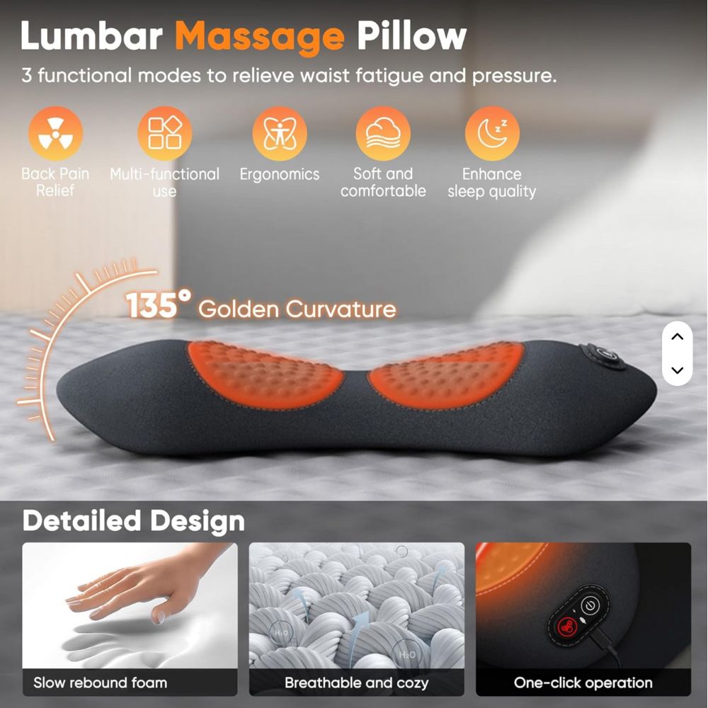 Image of a lumbar massage pillow with features and design elements highlighted.