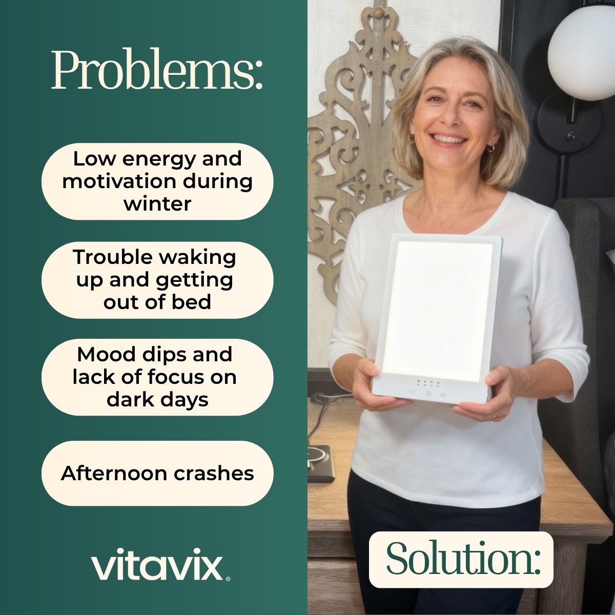 Smiling woman holding a light therapy box next to text listing winter-related problems.