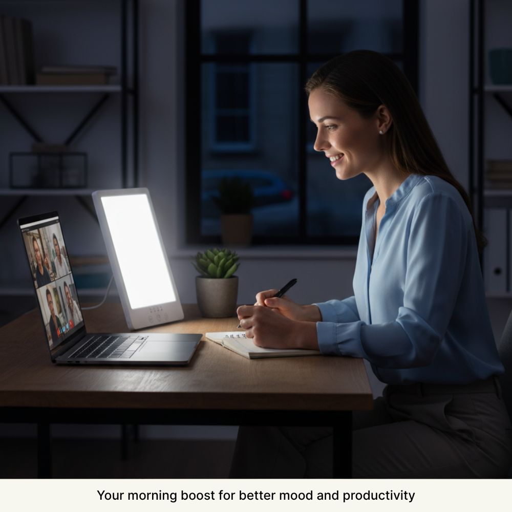 Woman writing at a desk with a laptop and bright light panel.
