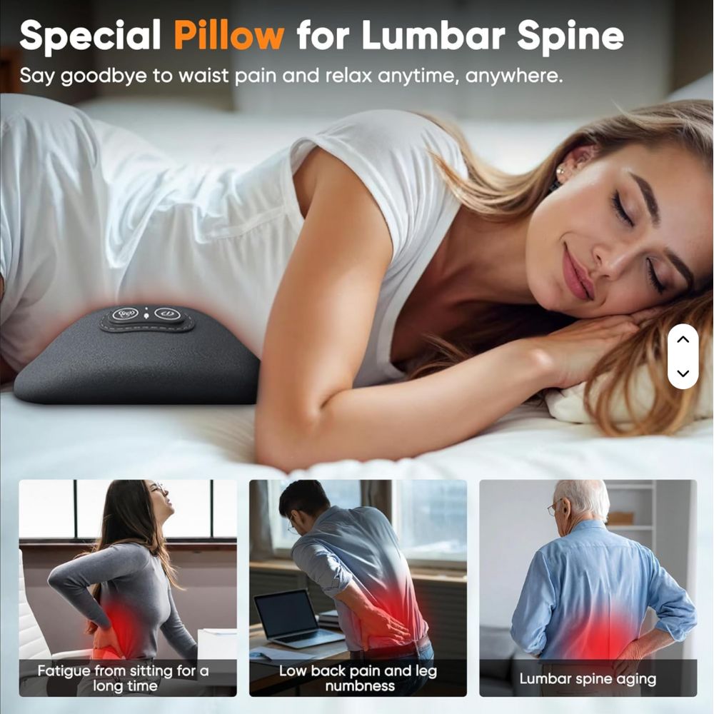 Woman lying on pillow with images of back pain relief below.