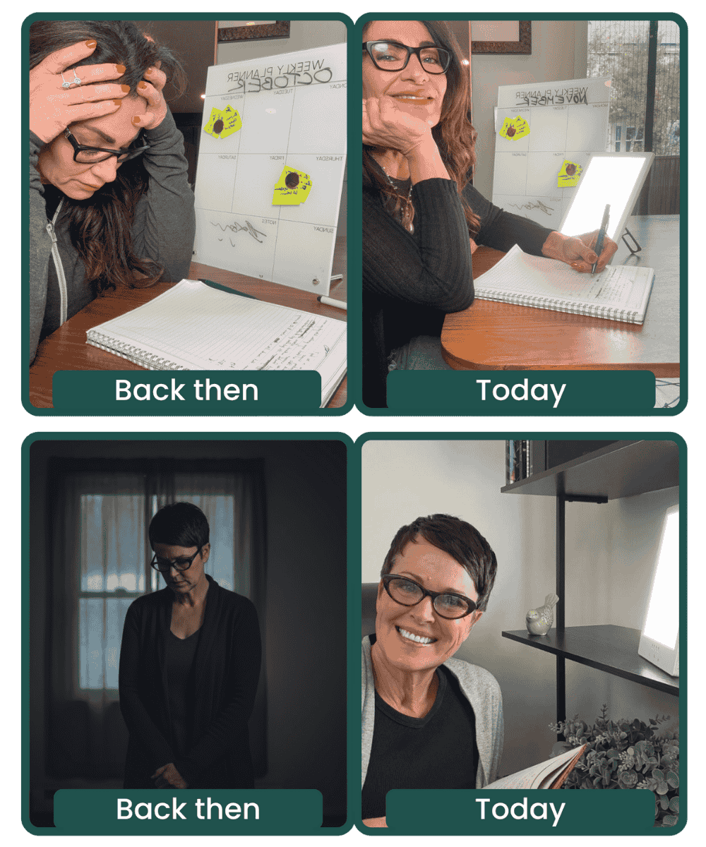 Four images showing two women with 'Back then' and 'Today' labels.