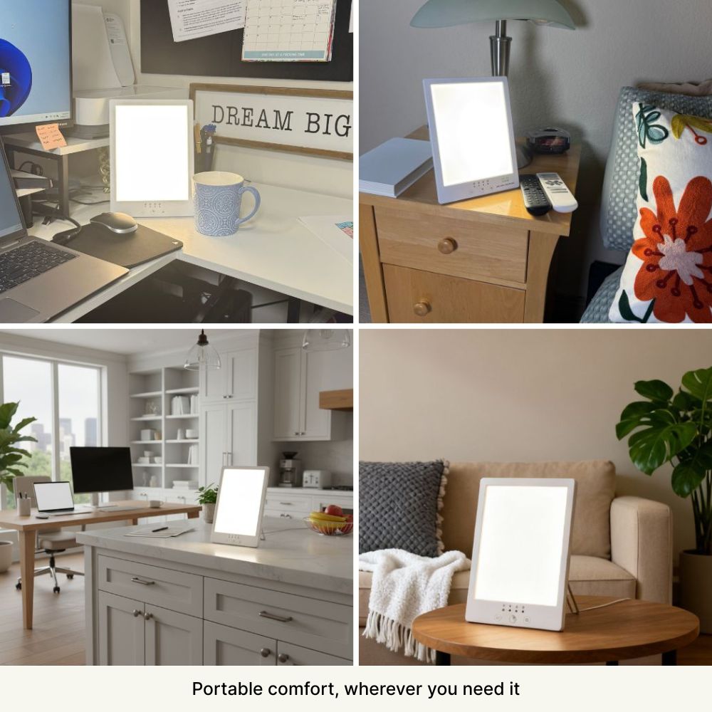 Four images of a light therapy lamp placed in different home settings.