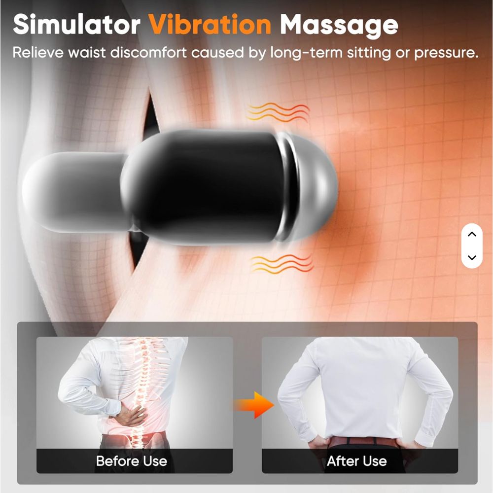 Illustration of a vibration massage device and before-after back pain relief comparison.