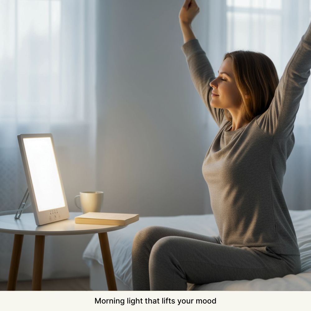 Person stretching on bed near illuminated light panel.