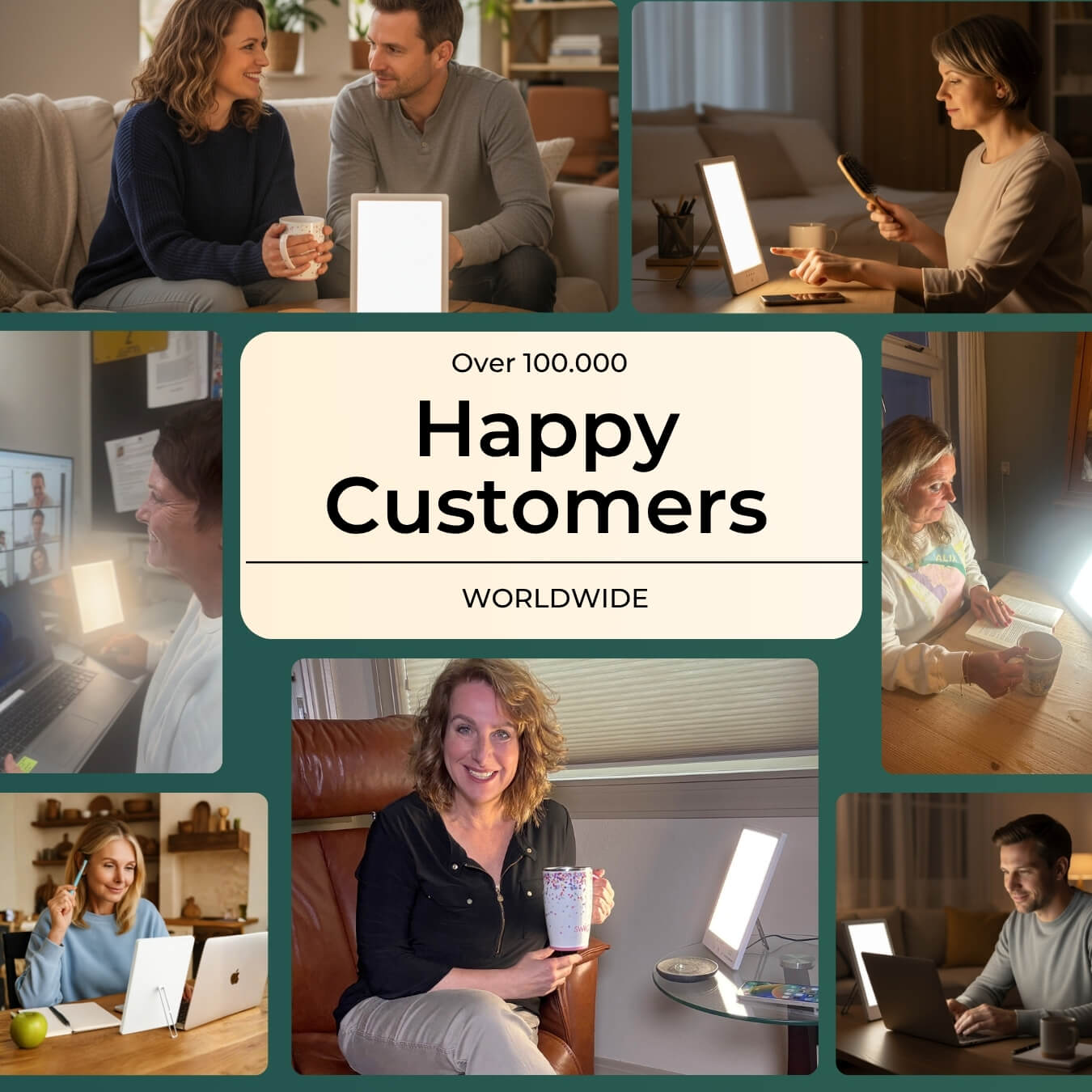 Collage of people using light therapy lamps, captioned 'Over 100,000 Happy Customers Worldwide'.