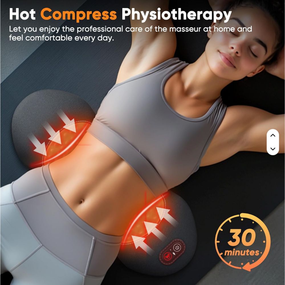 Person using a hot compress device on the abdomen, with arrows indicating heat. Text overlays present.