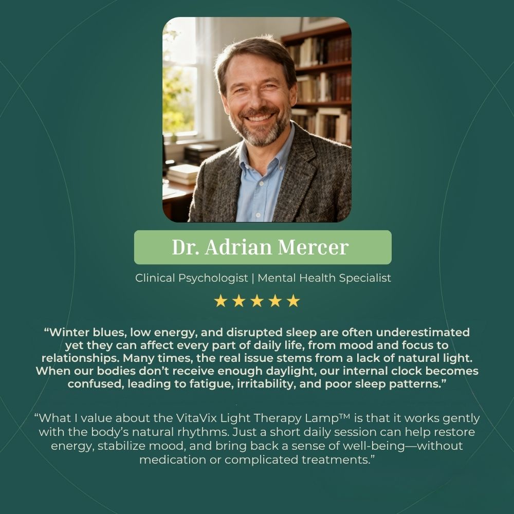 Portrait of Dr. Adrian Mercer with a text about light therapy and mental health benefits.