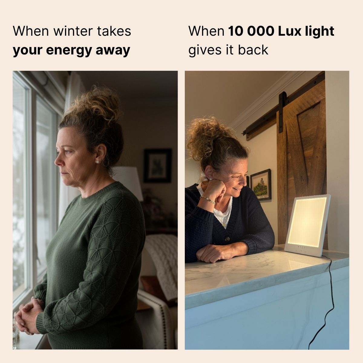 Two images: woman looking sad by window; woman smiling near a light panel.