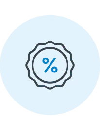 An icon of a percentage sign inside a wavy-edged circle on a light blue background.