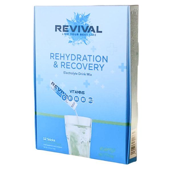 A blue and white box of Revival Rehydration & Recovery Electrolyte Drink Mix against a white background.