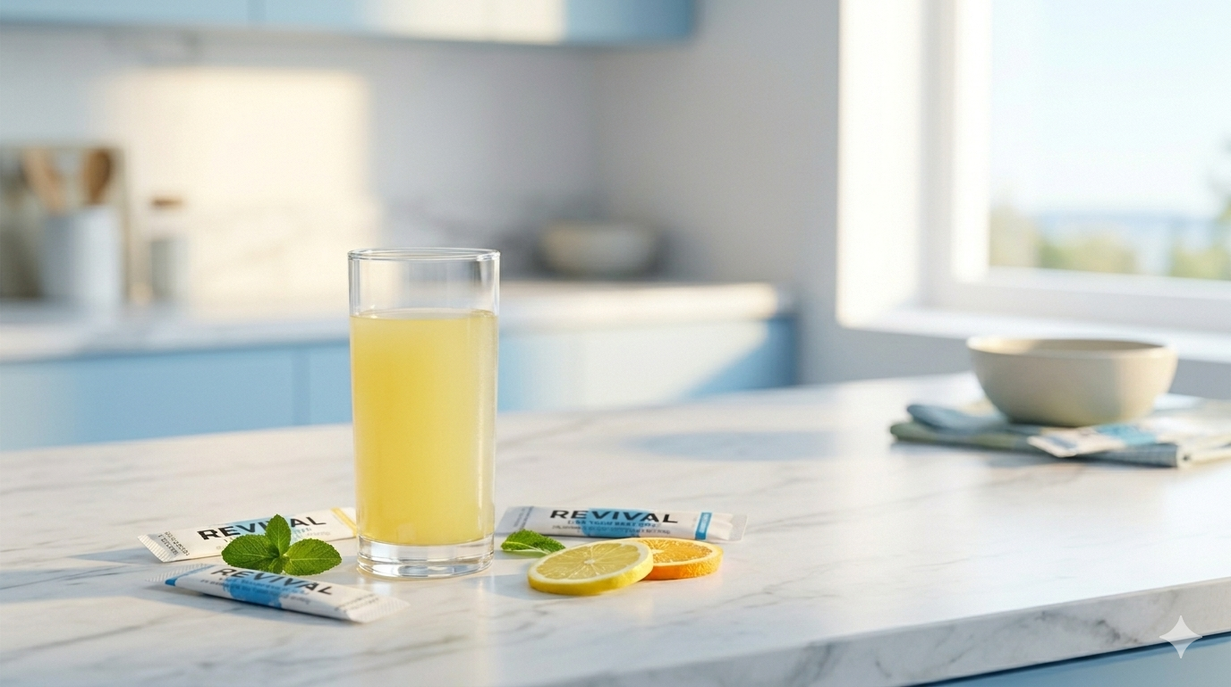 A glass of yellow drink on a marble counter with citrus slices, mint, and Revival supplement packets.