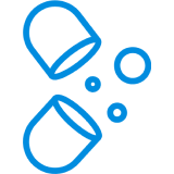 A blue line icon of an opened pill capsule with small circles spilling out.