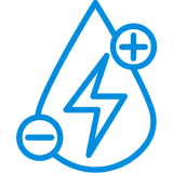A blue line icon of a water drop with a lightning bolt, plus, and minus signs.
