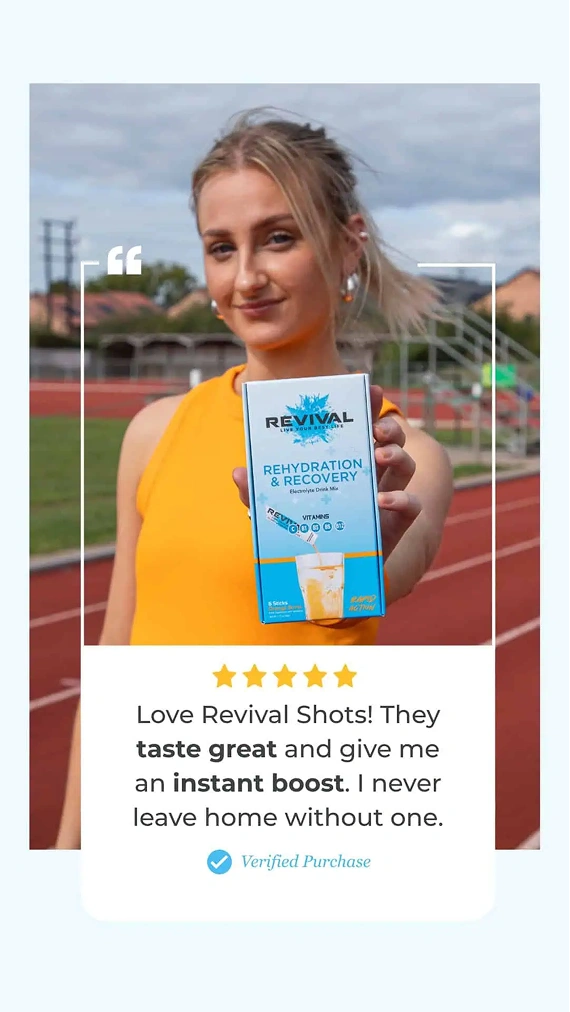 A woman on a running track holds a box of Revival rehydration drink mix next to a positive review.
