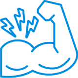 A blue line icon of a flexed bicep with lightning bolts next to it.