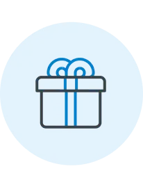 An icon of a wrapped gift box with a blue ribbon and bow, inside a light blue circle.
