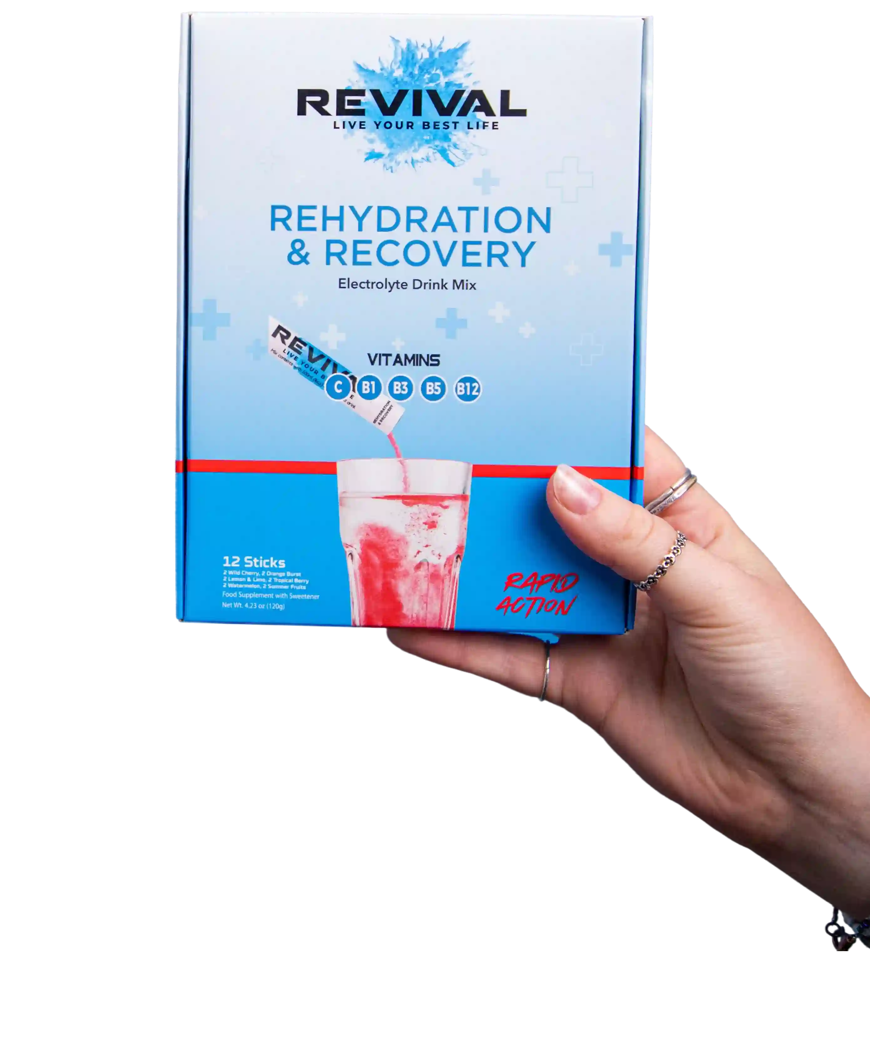 A person's hand holding a box of Revival Rehydration & Recovery electrolyte drink mix against a white background.