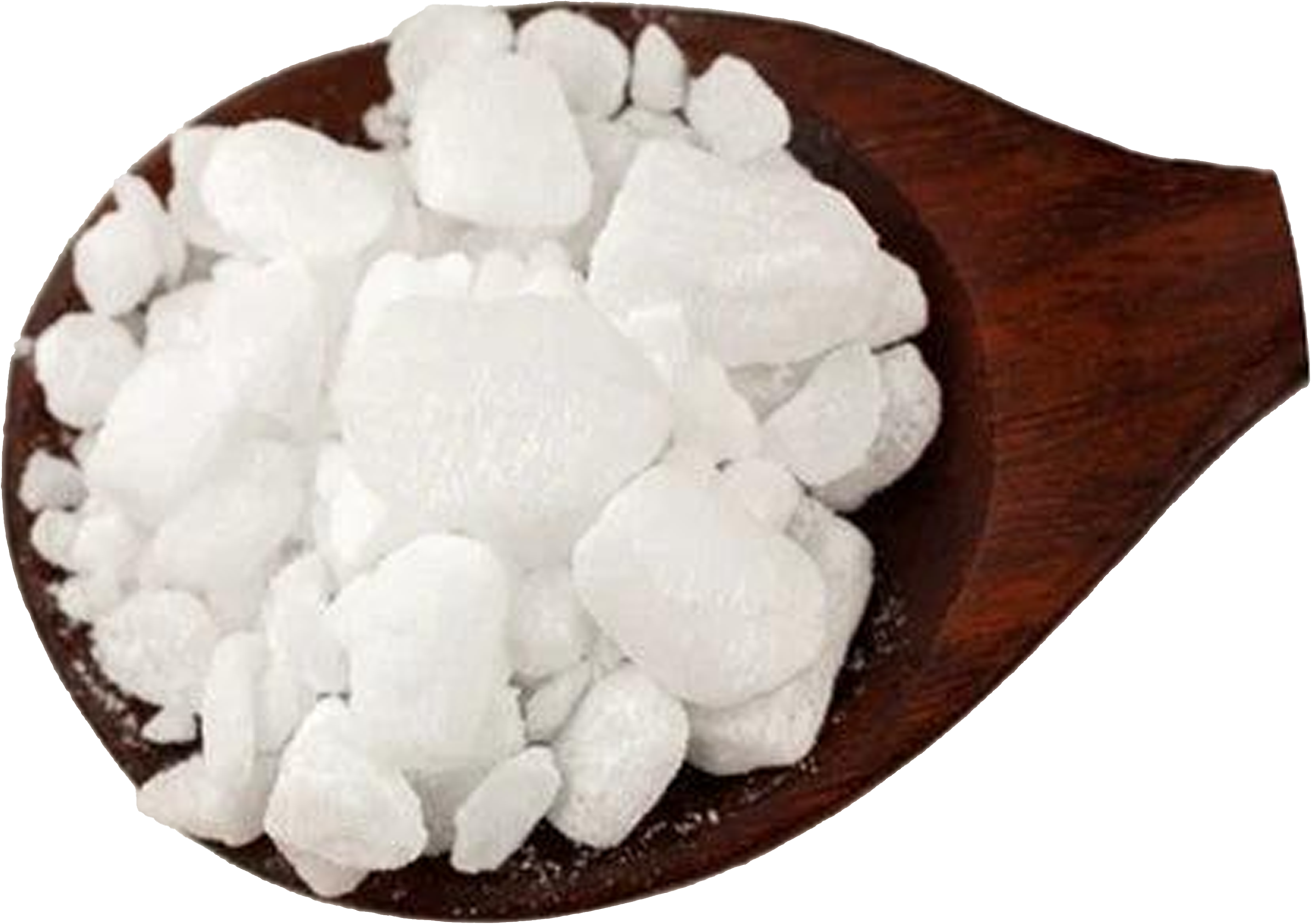 White crystalline rocks on a wooden spoon against a transparent background.