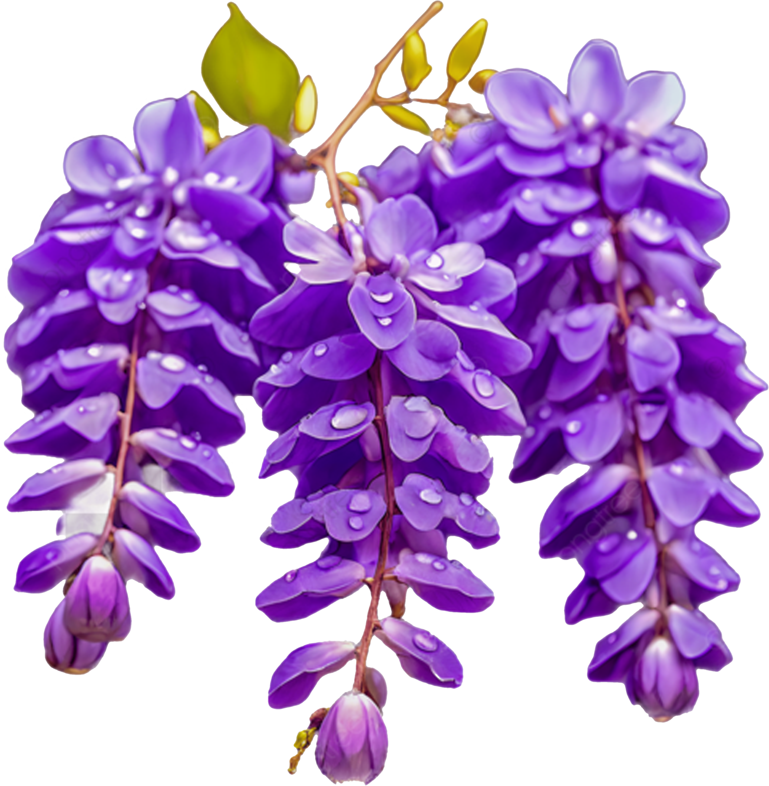Close-up of purple wisteria flowers with water droplets.