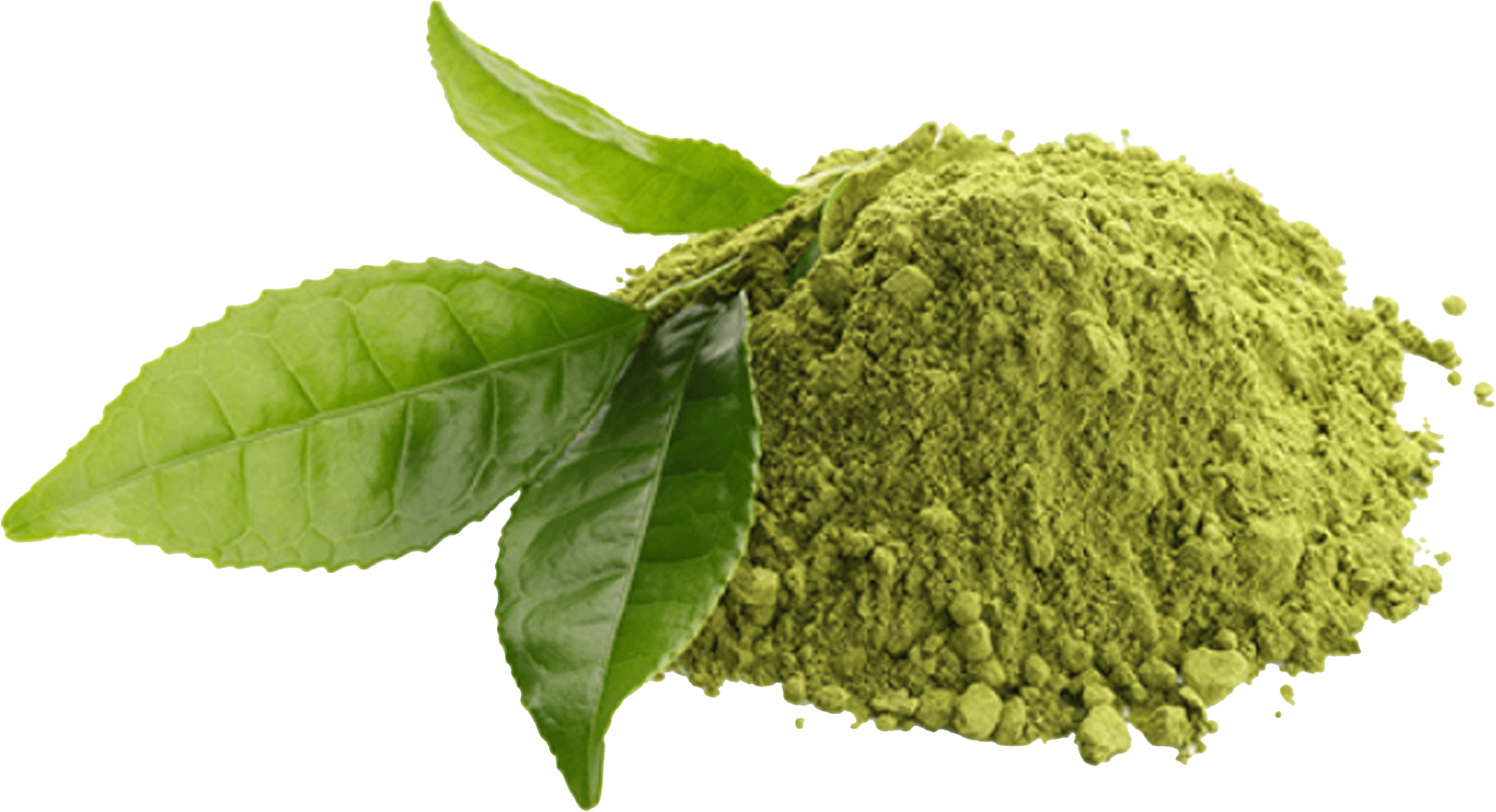 Green powder with fresh leaves beside it on a transparent background.