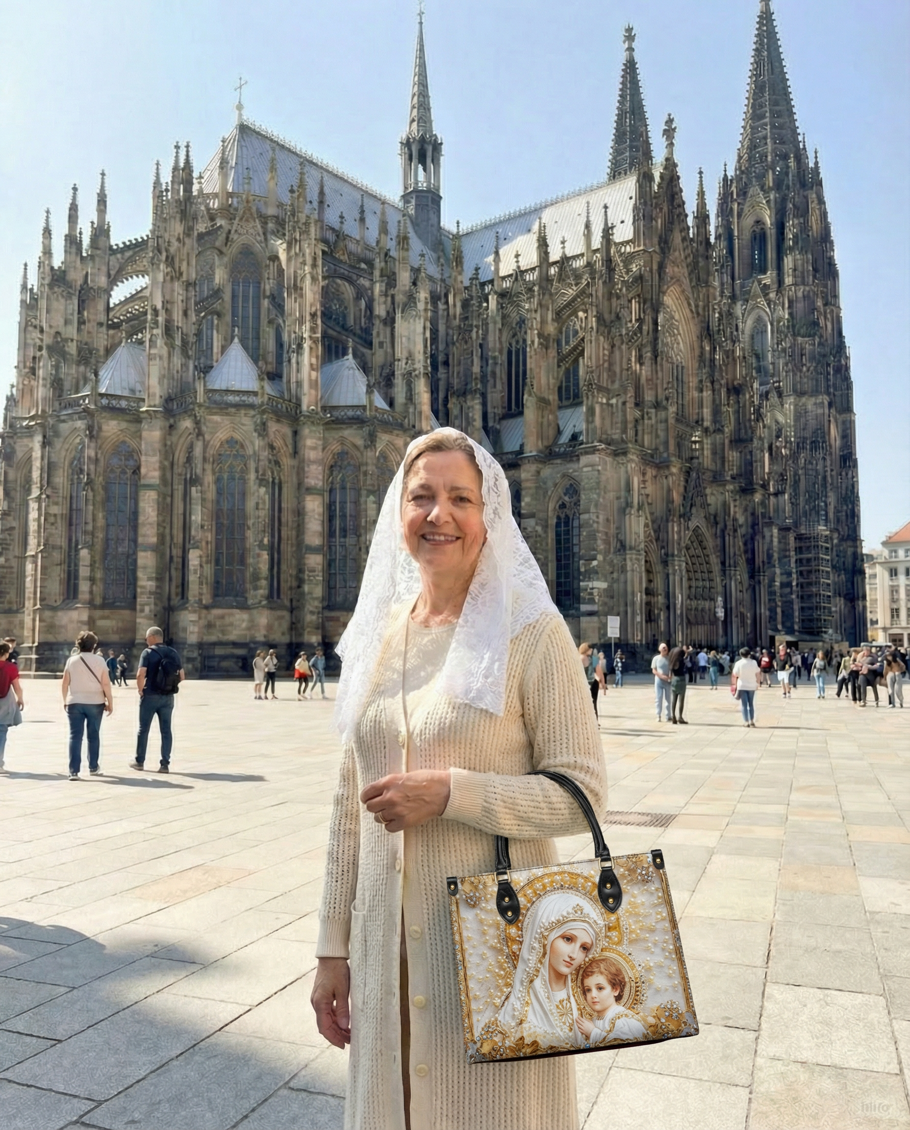 A woman in a lace veil holds a bag with a religious icon in front of a cathedral.