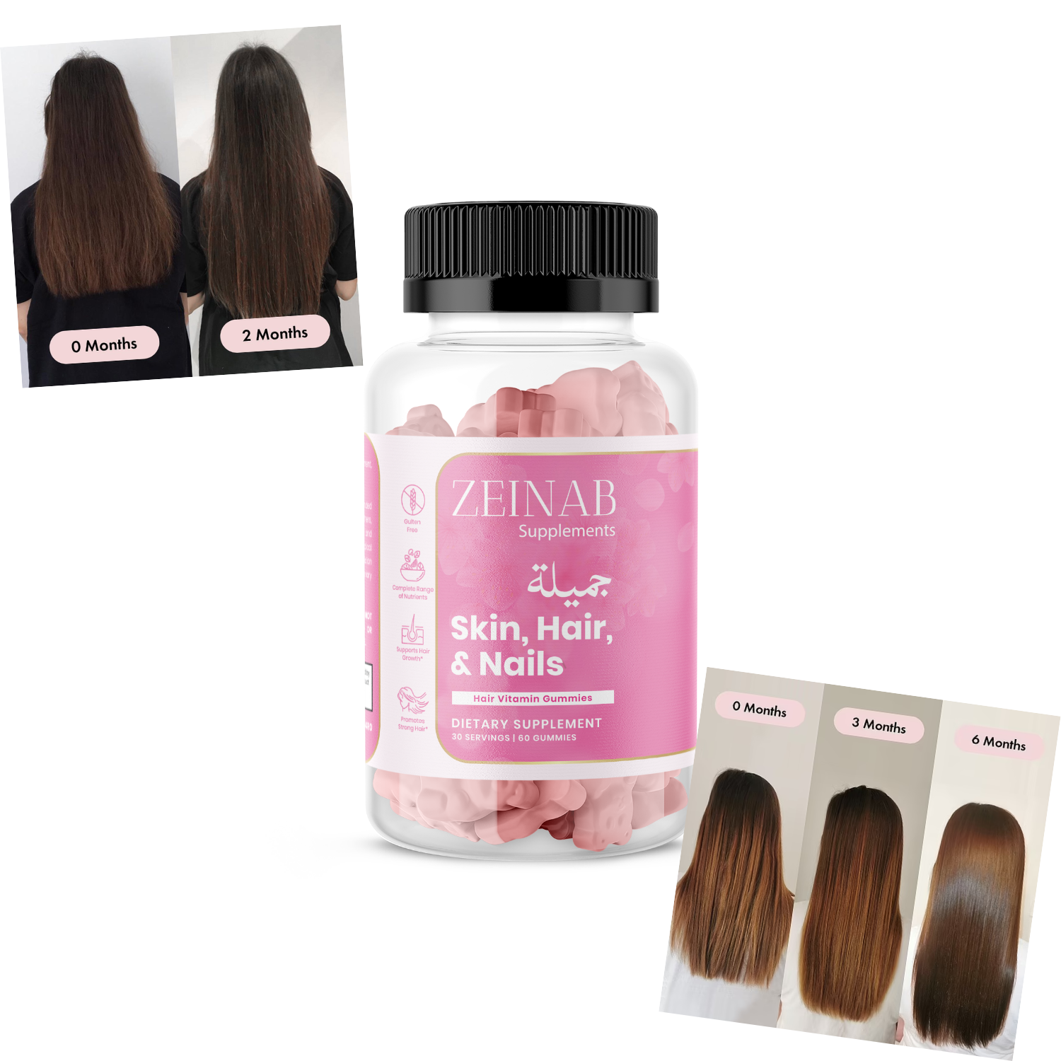 Bottle of hair, skin, and nails supplement with before-and-after hair growth photos.