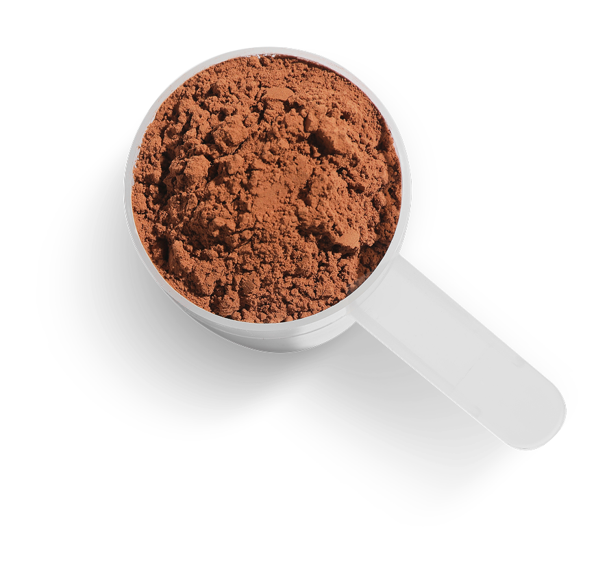 White scoop filled with brown powder on a black background.