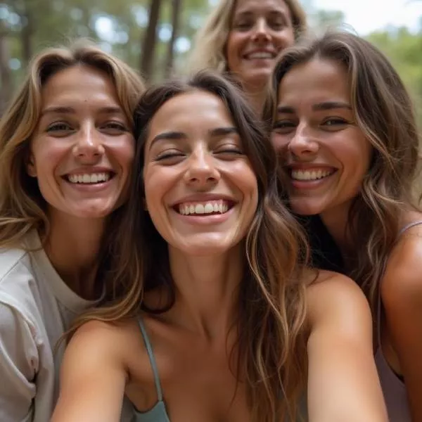Four smiling women taking a selfie outdoors.