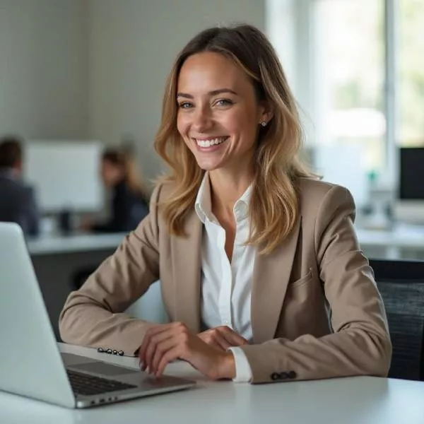Smiling person in a suit sitting at a desk with a laptop in an office setting.