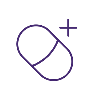 Outline of a capsule with a plus sign next to it.
