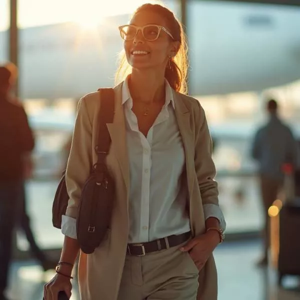 Person smiling in airport with sunlight in background.