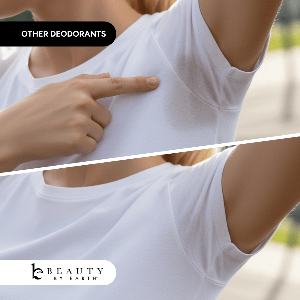 Two images showing a woman pointing at underarm areas of a white shirt.
