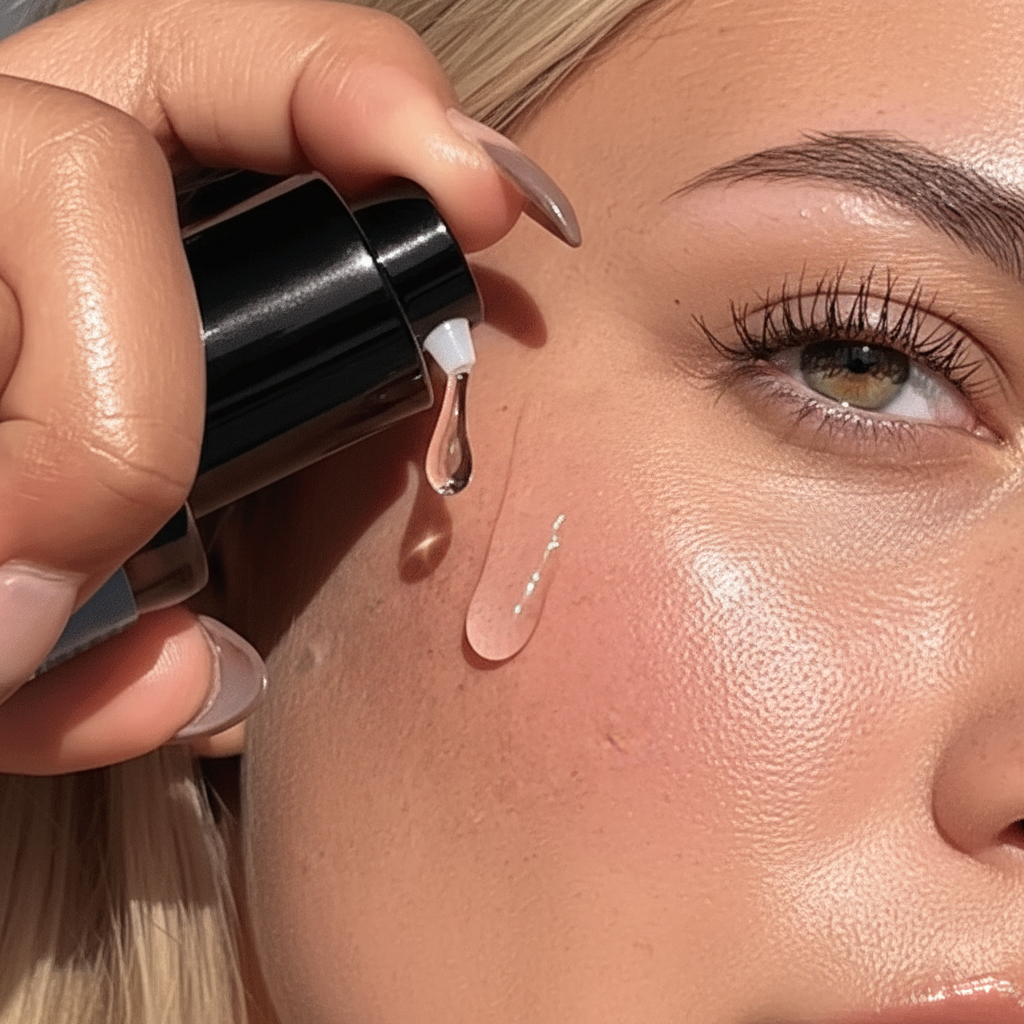 Beautiful woman with glowing skin applies Hyaluronic Acid Serum