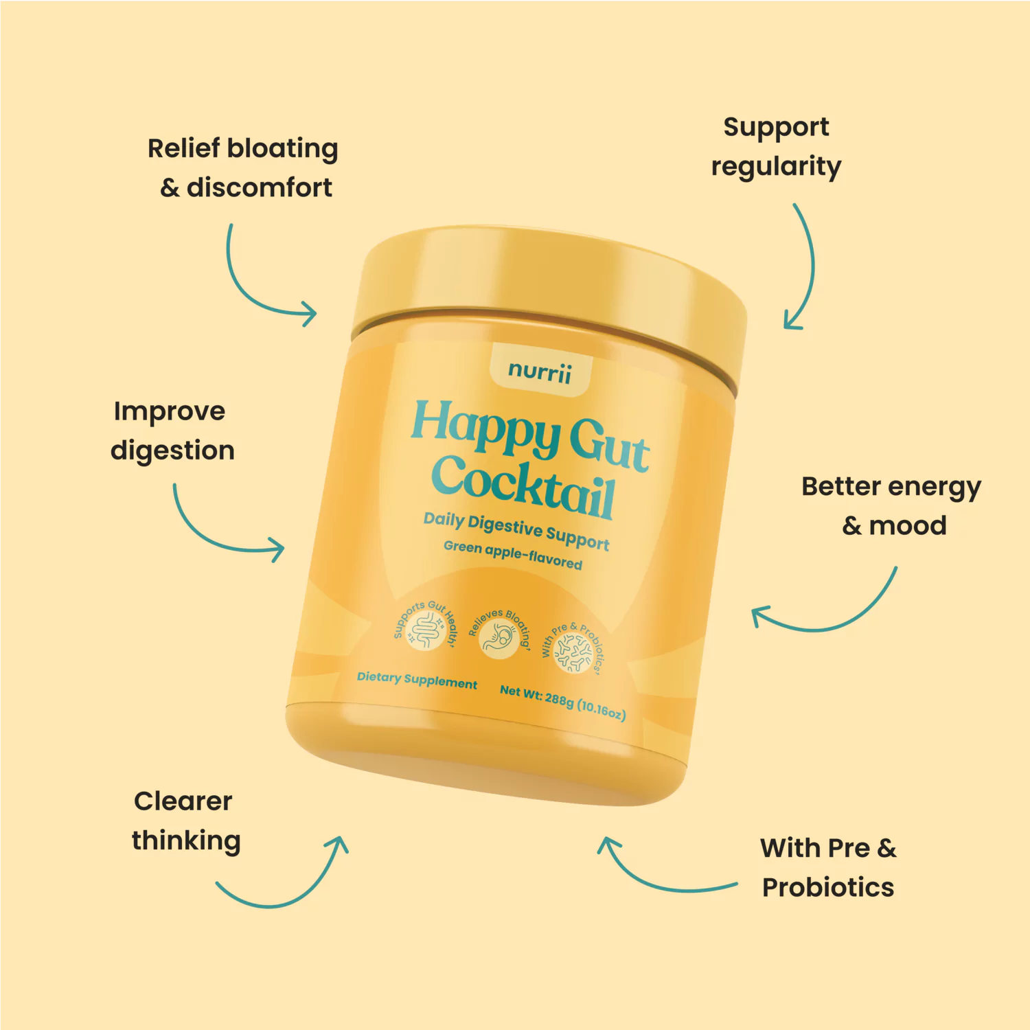 Yellow container of 'Happy Gut Cocktail' with benefits listed around it.