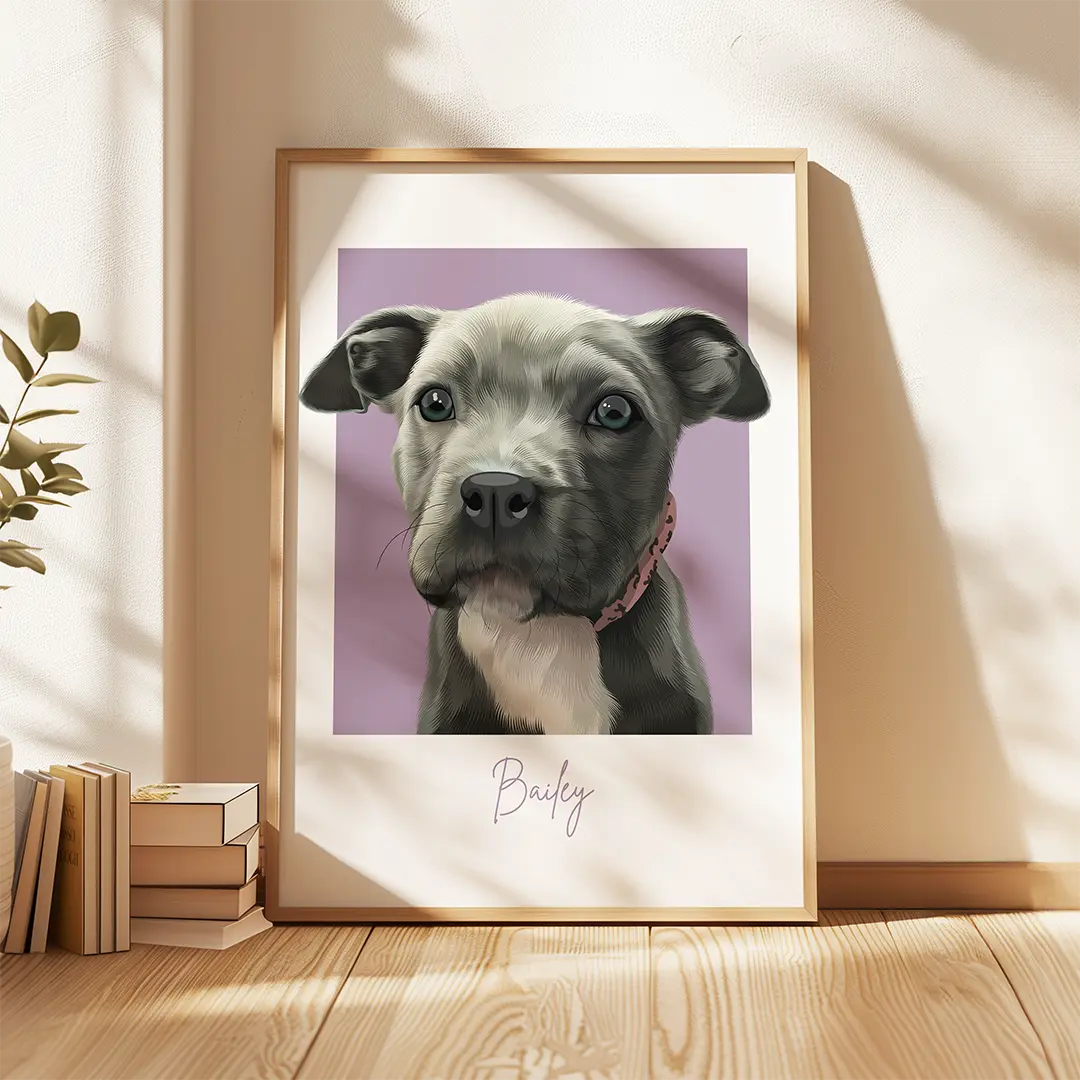 Framed portrait of a dog with a purple background, named Bailey, on a wooden floor.