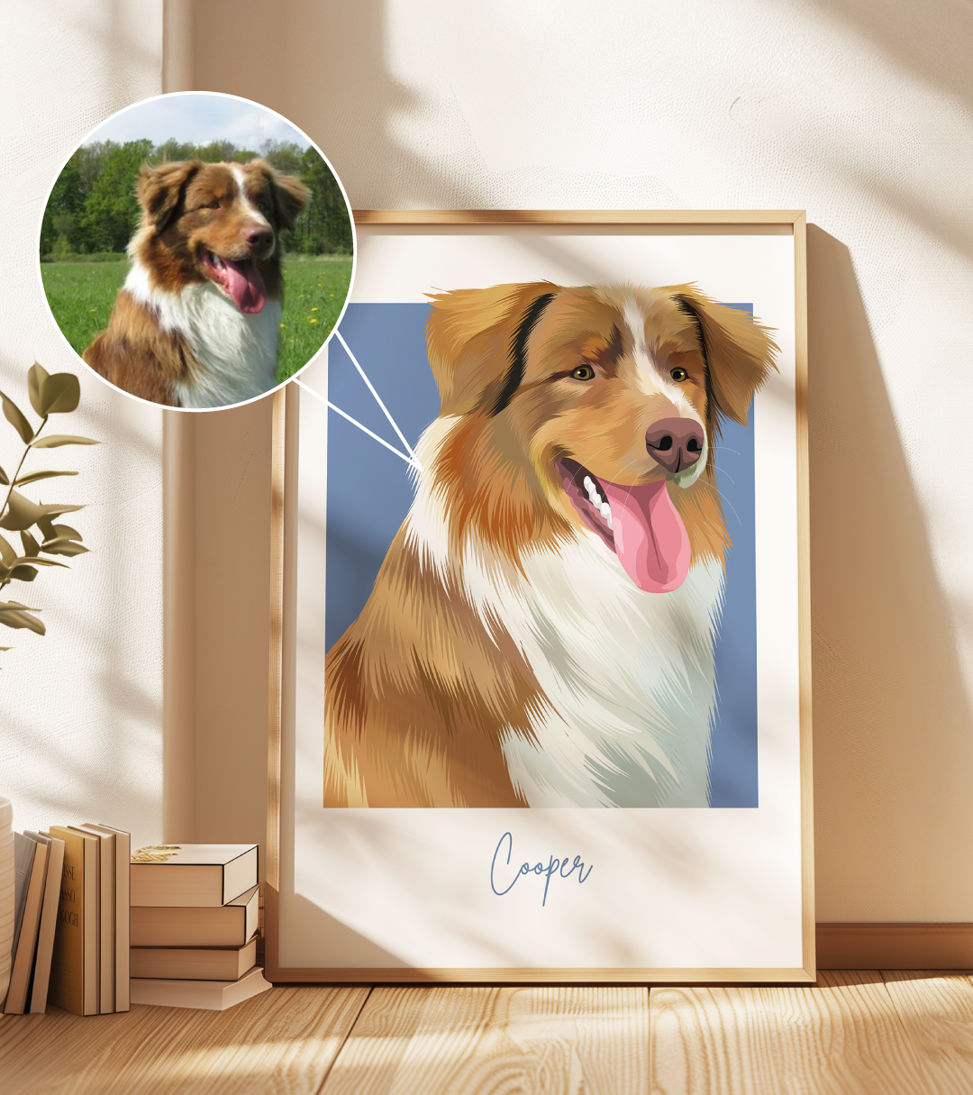 Framed illustration of a happy dog with a photo inset, on a wooden floor.