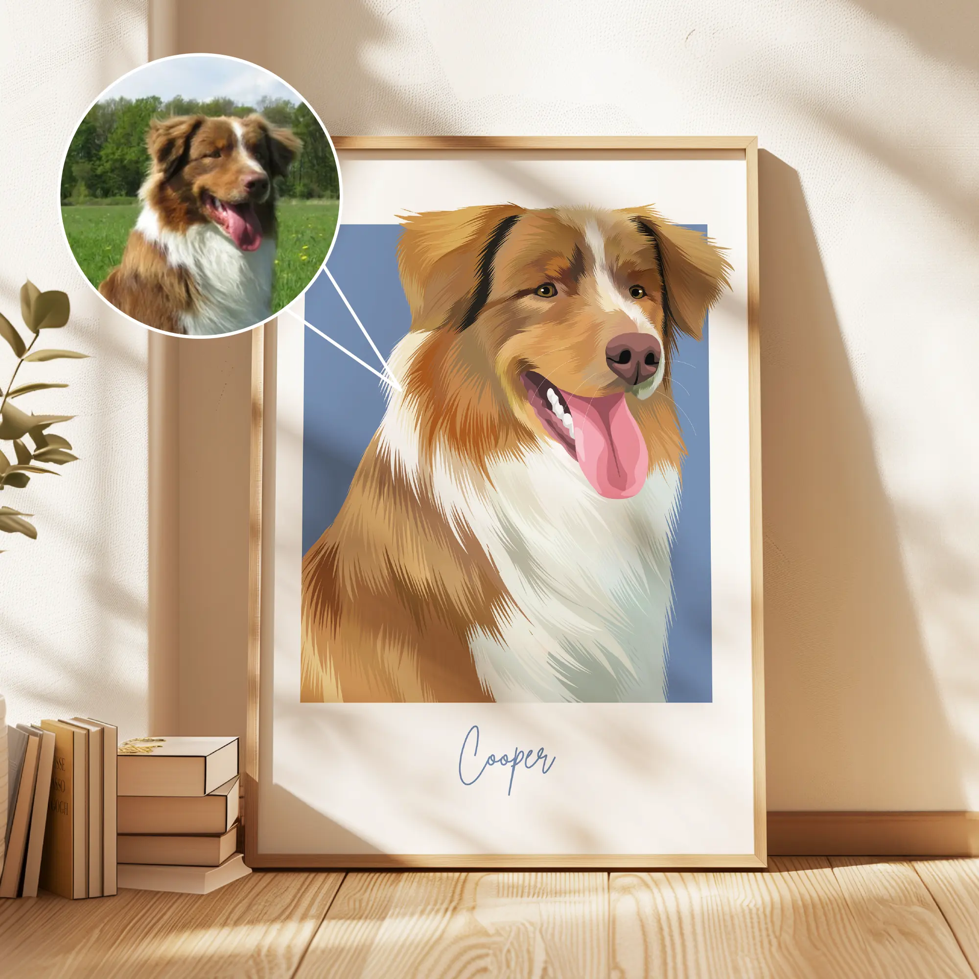 Framed illustration of a happy dog with a photo inset, labeled 'Cooper.'