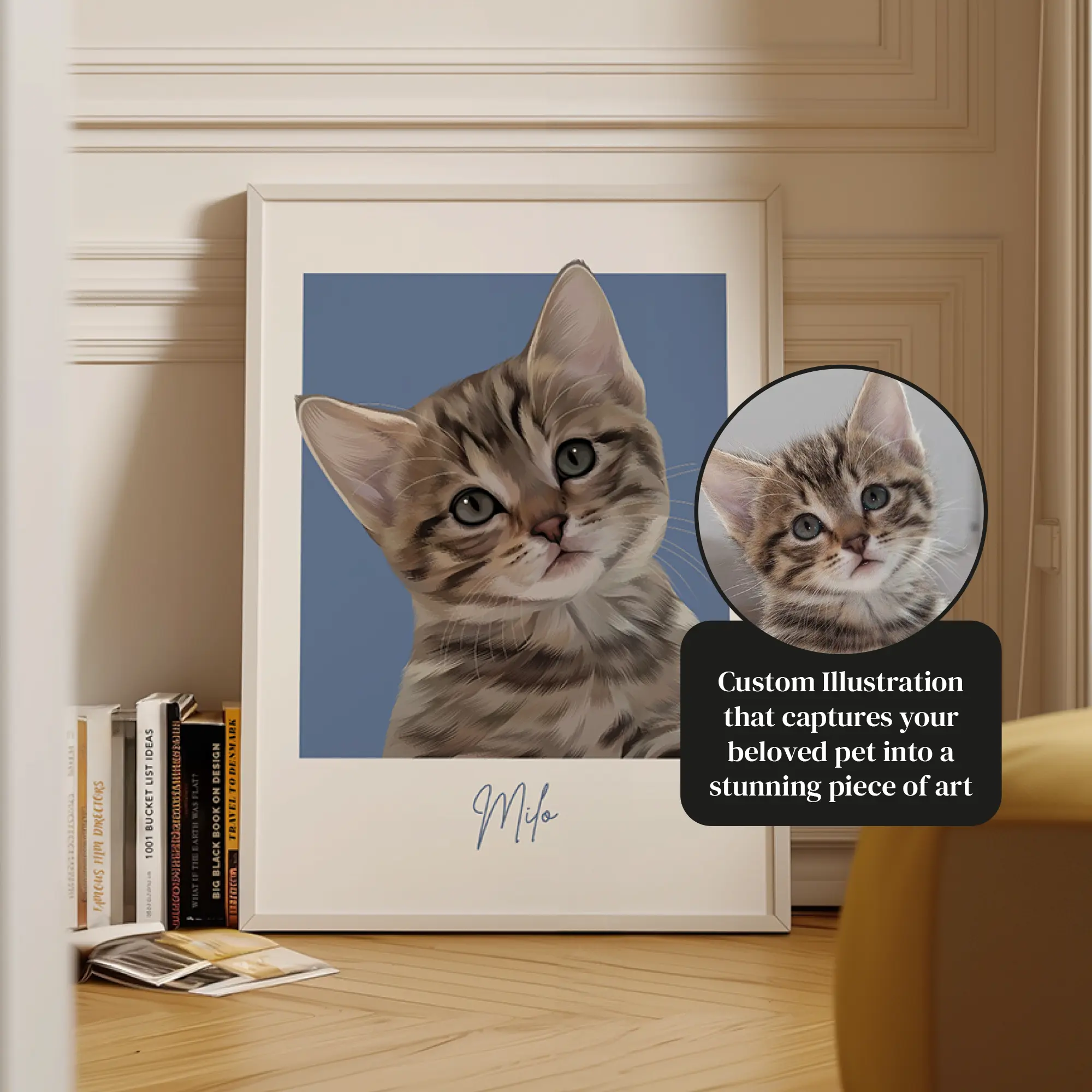 Framed illustration of a tabby kitten with a comparison photo and text about custom pet art.