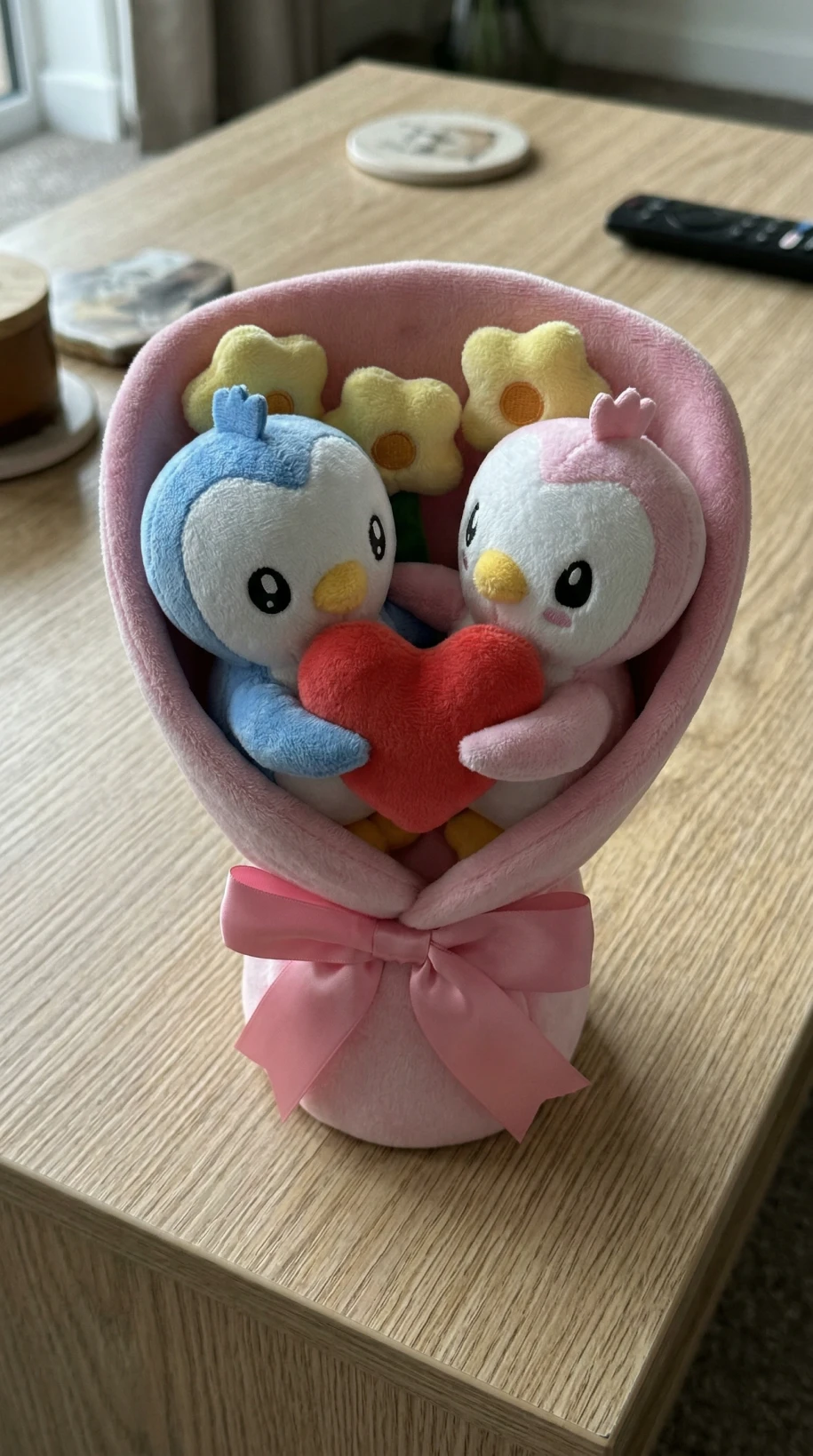 A plush toy bouquet with two penguins, one blue and one pink, holding a red heart.