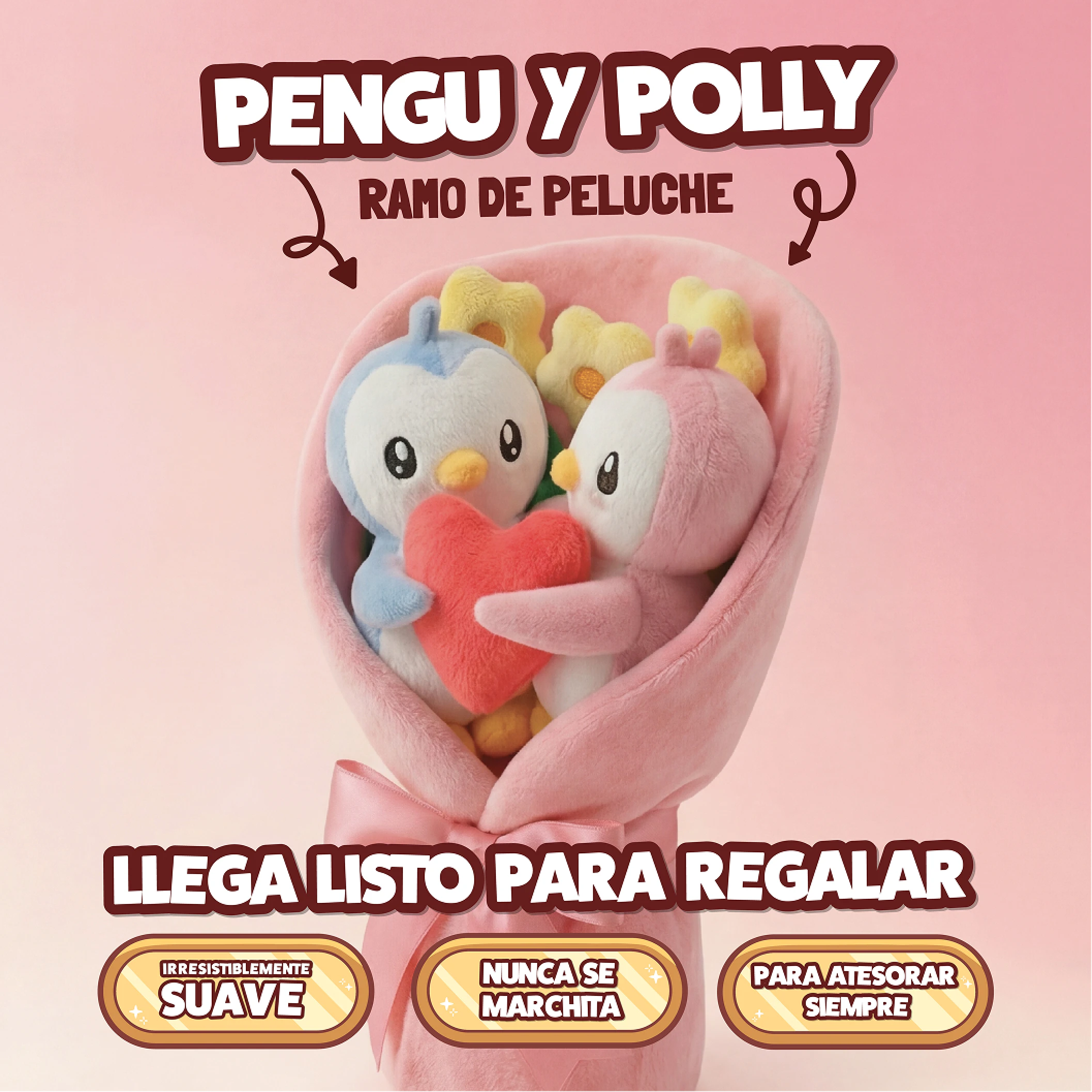 Plush bouquet with blue and pink penguins holding a heart, surrounded by yellow stars, wrapped in pink.
