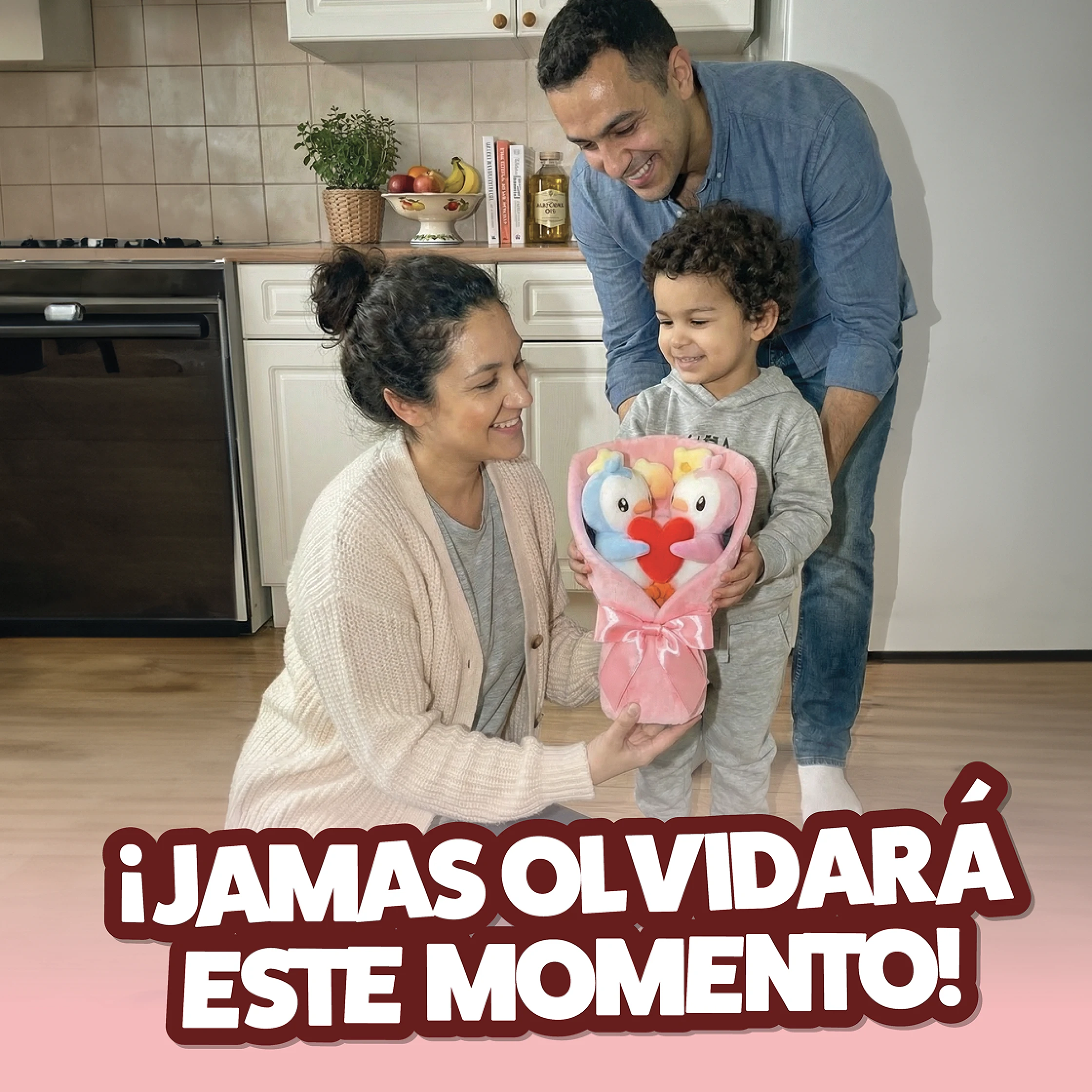 A family in a kitchen, where a child gives a woman a bouquet made of stuffed penguins.