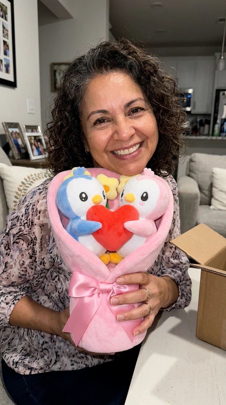 A woman smiles while holding a plush bouquet of two penguins holding a red heart.