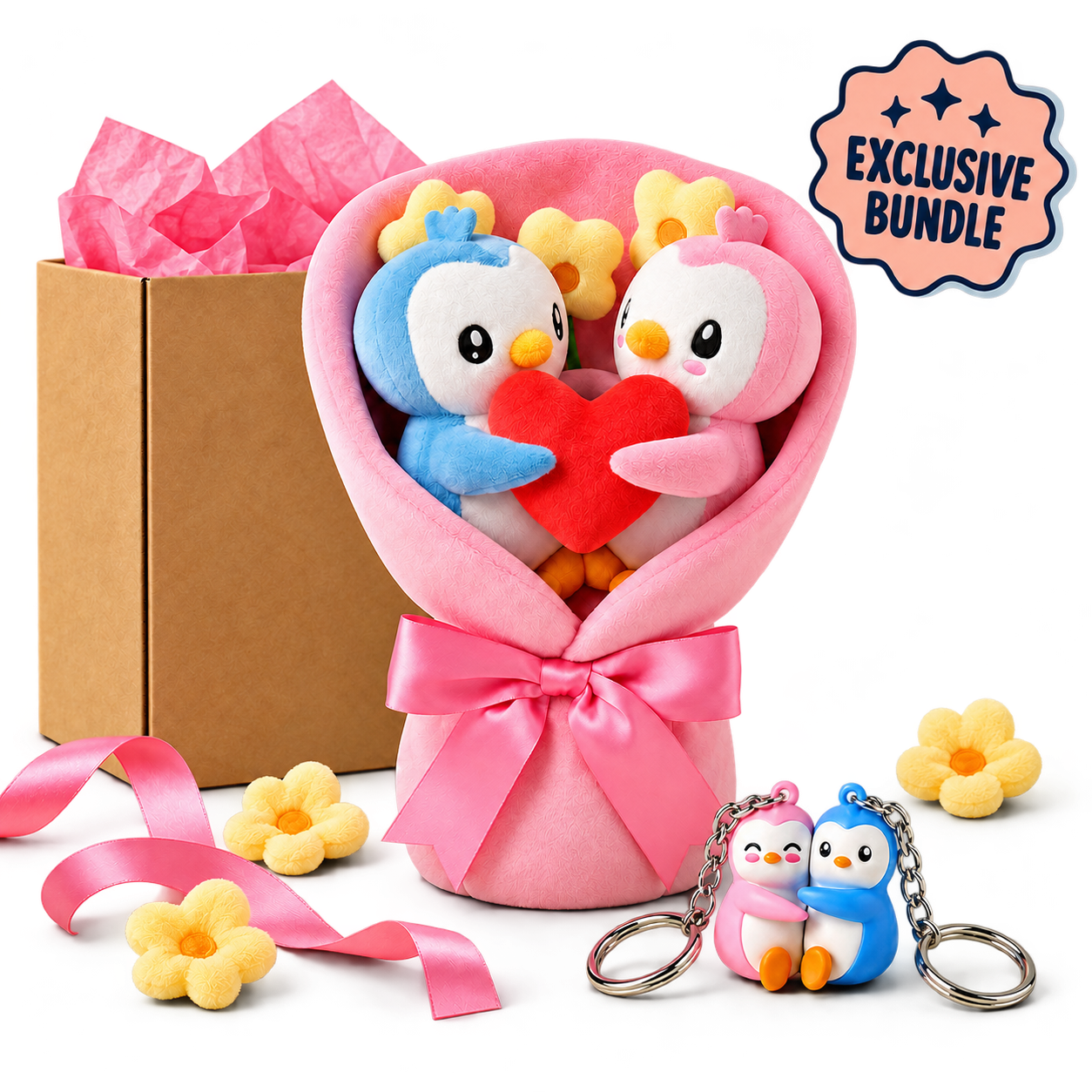 An exclusive bundle featuring a plush penguin bouquet, matching keychains, and a gift box.