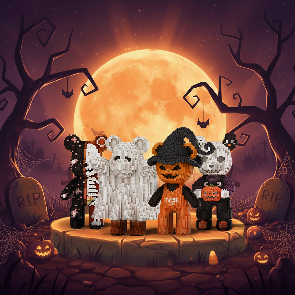 Four blocky bear figures in Halloween costumes under a full moon in a spooky graveyard scene.