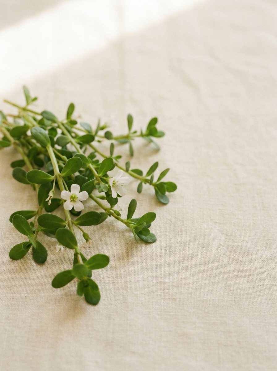 A close-up of a sprig of a green plant with small white flowers on a light-colored fabric surface.