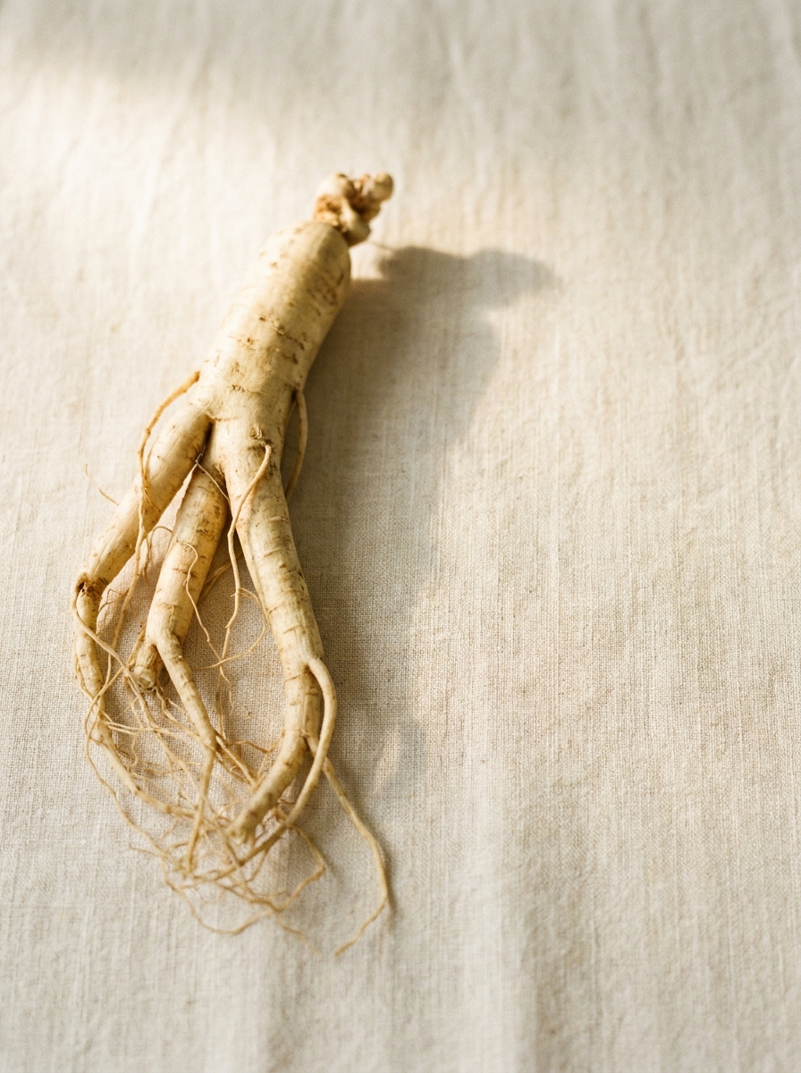A whole ginseng root with its fine rootlets lying on a piece of light-colored woven fabric.