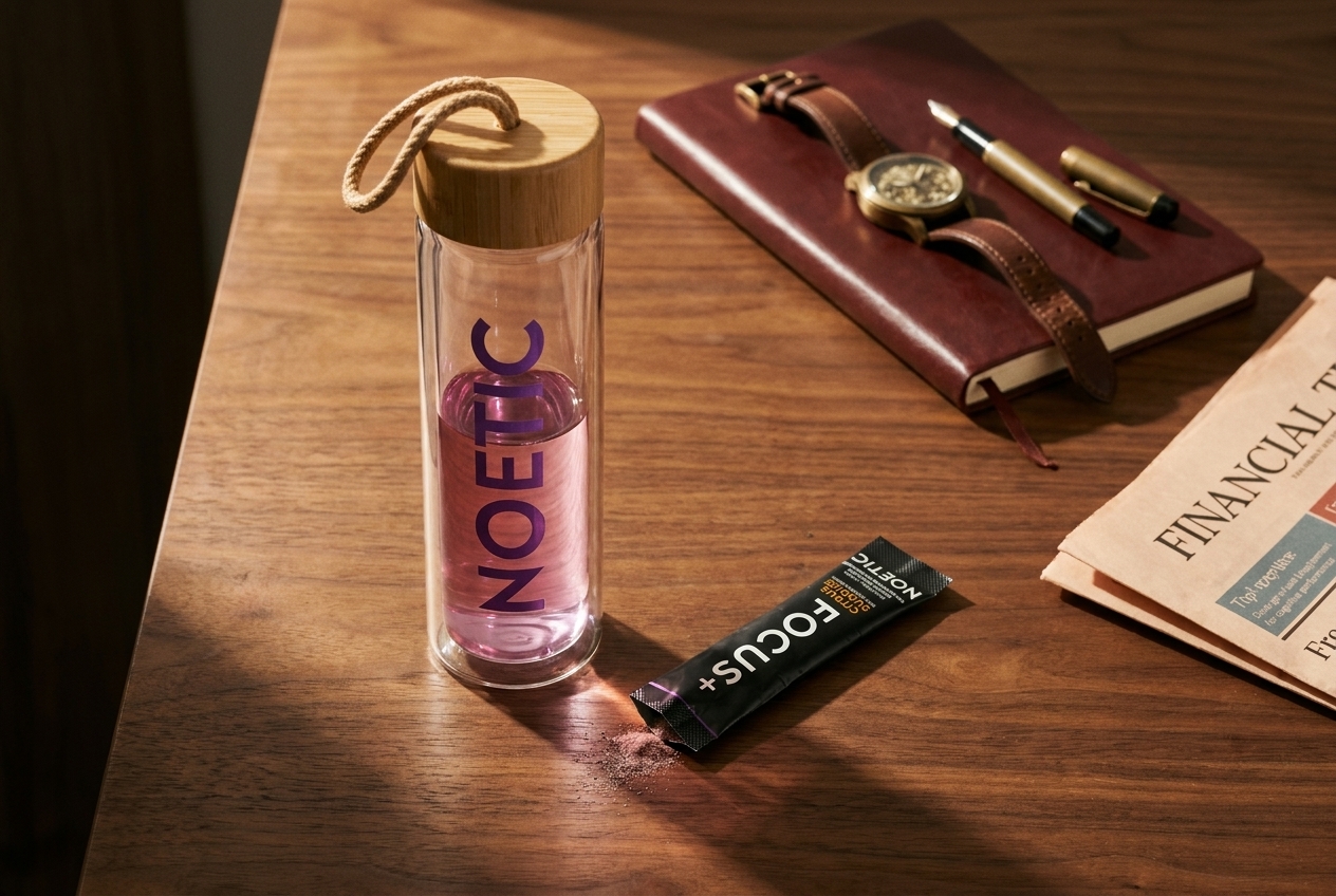 A glass bottle of pink liquid next to a supplement packet, notebook, and watch on a wooden desk.
